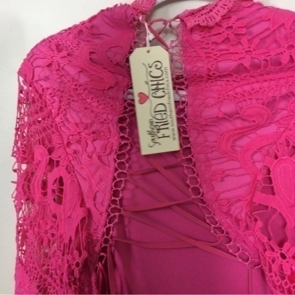 NWT Southern Fried Chics pink lace up mini dress bell sleeve XXL - Picture 7 of 8